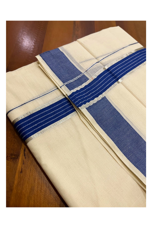 Kerala Cotton Double Mundu with Blue and Silver Kasavu Line Border (Onam Mundu 2023)