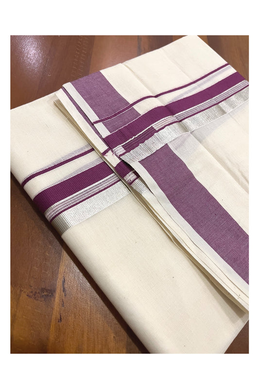 Pure Cotton Kerala Double Mundu with Purple and Silver Kasavu Kara (South Indian Kerala Dhoti)