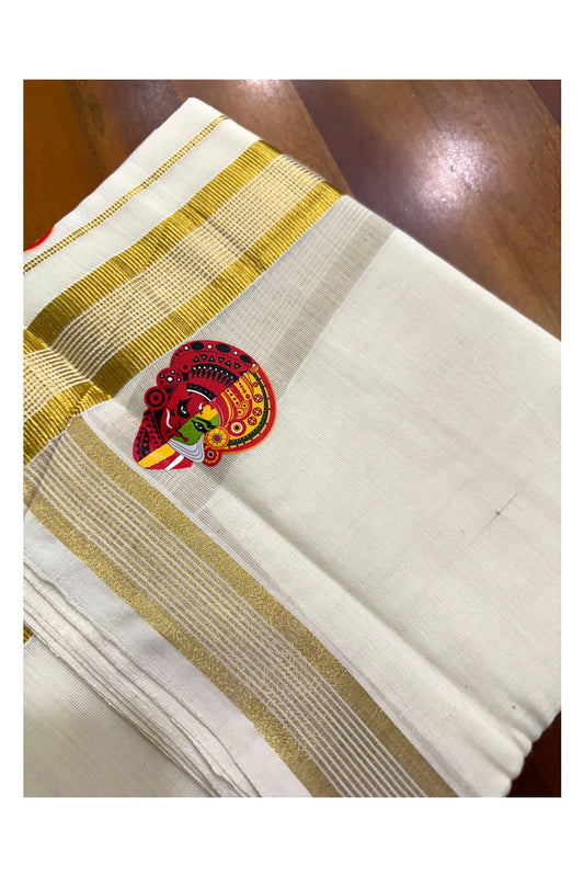 Southloom Lines Kasavu Double Mundu with Mural Print Along Kara