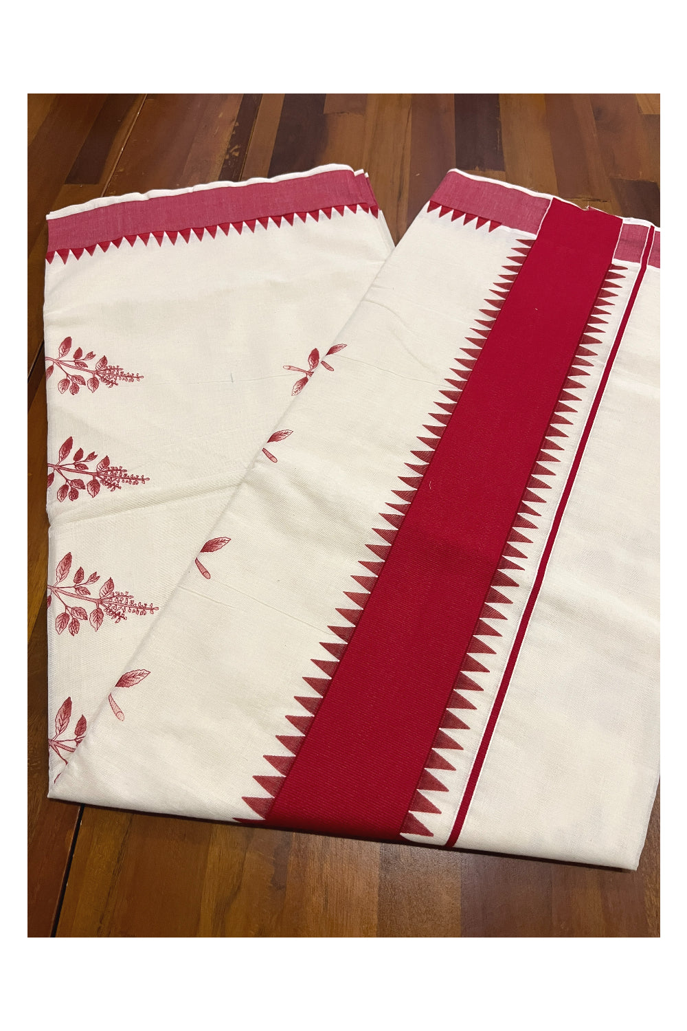 Kerala Pure Cotton Saree with Red Temple Border and Thulasi Kathir Block Prints on Body