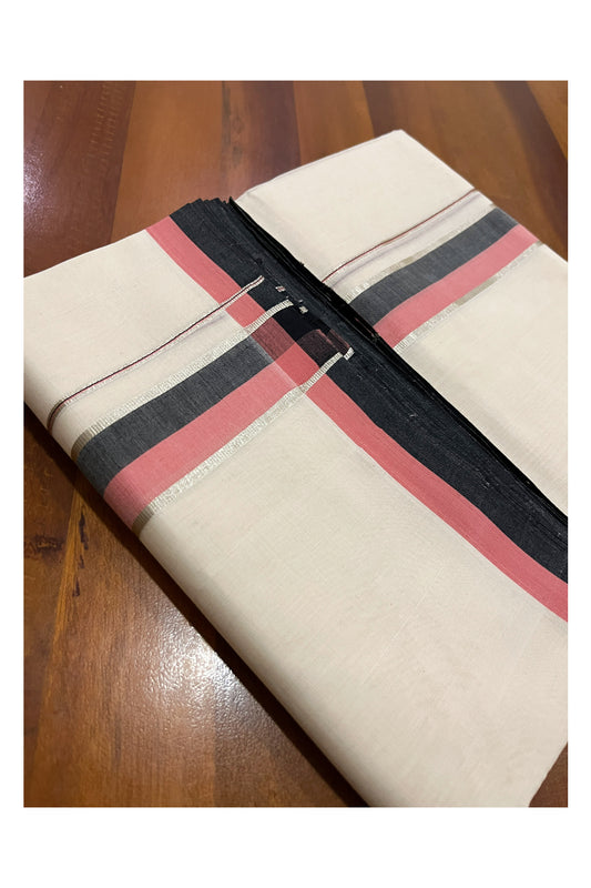 Southloom Premium Balaramapuram Unakkupaavu Handloom Mundu with Peach Black and Silver Kasavu Border (South Indian Kerala Dhoti)