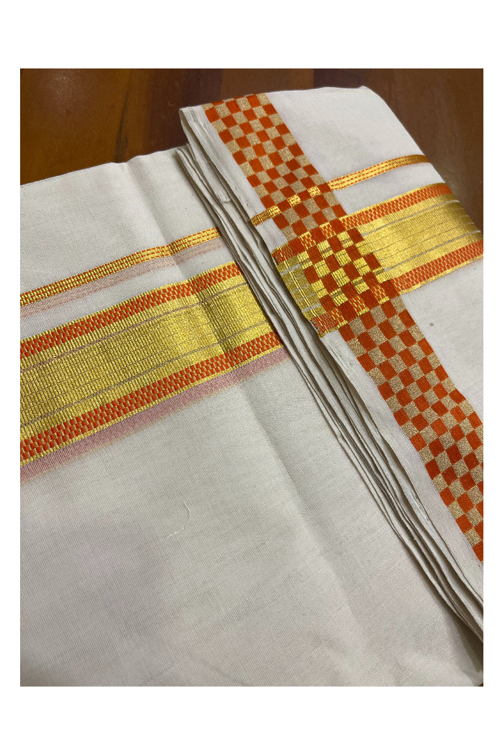 Premium Balaramapuram Handloom Unakkupaavu Cotton Double Mundu with Kasavu and Orange Paa Neythu Border (Onam 2024 Collection)