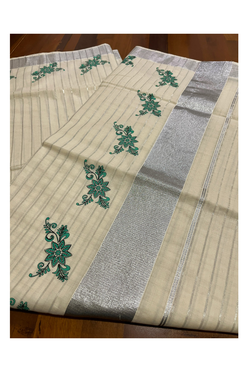 Pure Cotton Kerala Saree with Silver Lines and Green Floral Block Prints on Border