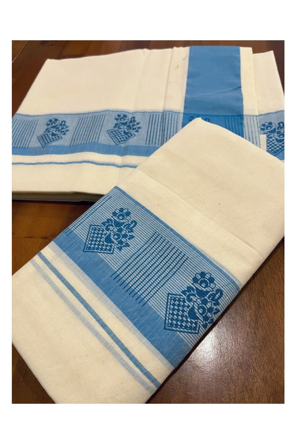 Southloom Pure Cotton Kerala Single Set Mundu with Light Blue Block Prints on Border