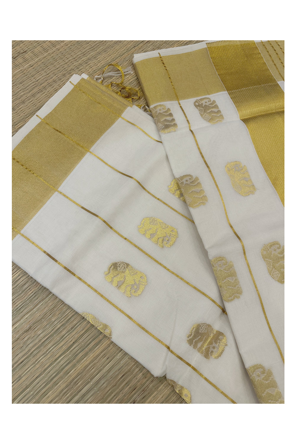 Southloom Premium Handloom Cotton Kasavu Saree with Elephant Woven Designs on Body