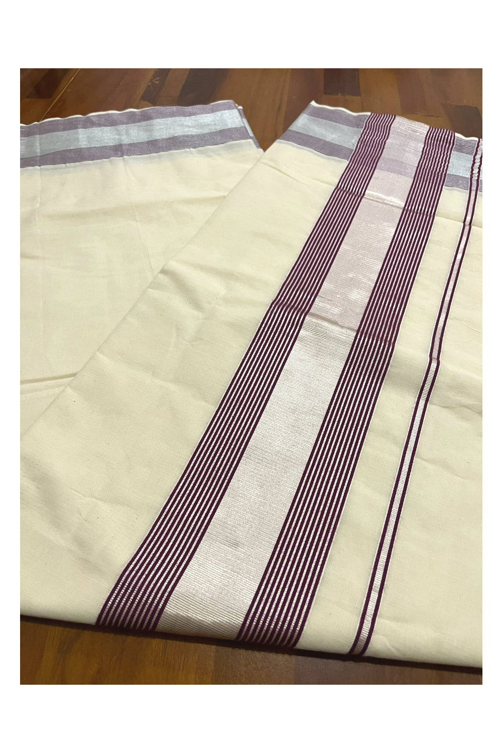 Pure Cotton Kerala Saree with Silver Kasavu and Purple Line Border (Onam Saree 2023)