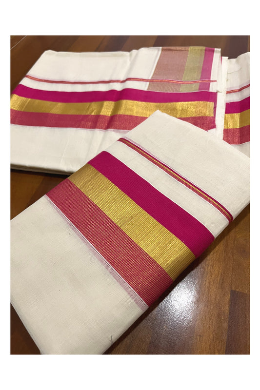 Pure Cotton Kerala Onam 2023 Set Mundu (Mundum Neriyathum) Single with Bright Magenta and Kasavu Border 2.80 Mtrs