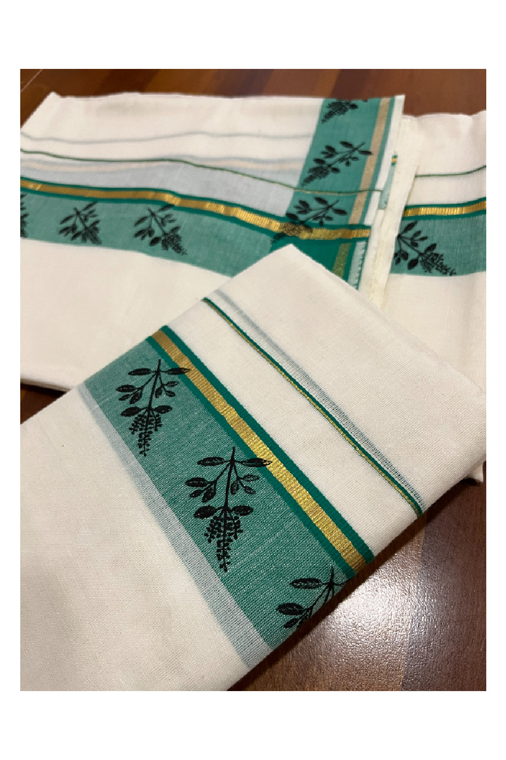 Kerala Cotton Kasavu Set Mundu (Mundum Neriyathum) with Thulasi Kathir Block Prints Green Border