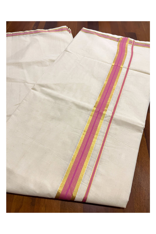 Kerala Pure Cotton Plain Saree with Kasavu and Pink Border