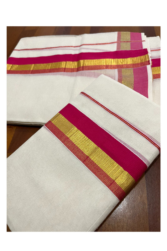 Pure Cotton Kerala Single Set Mundu (Mundum Neriyathum) with Bright Magenta and Kasavu Border 2.80 Mtrs (Onam Set Mundu 2023)