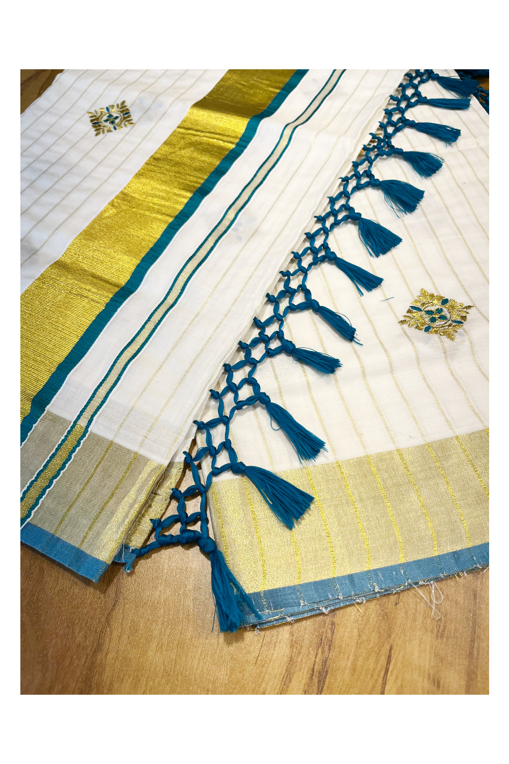 Kerala Cotton Kasavu Lines Saree with Peacock Green and Golden Floral Embroidery Work