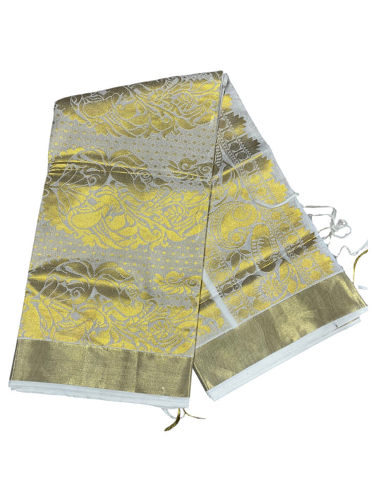 Southloom Pure Cotton Kerala Kasavu Heavy Work Saree with Paisley Floral Woven Design