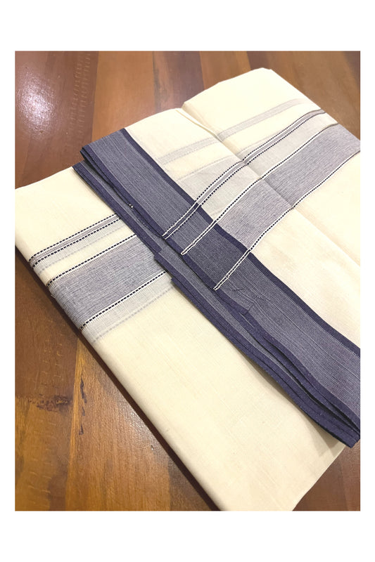 Pure Cotton 100x100 Double Mundu with Silver Kasavu and Blue Kara (Onam Mundu 2023)