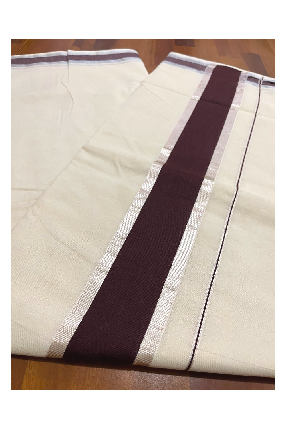 Pure Cotton Kerala Saree with Brown and Silver Kasavu Border