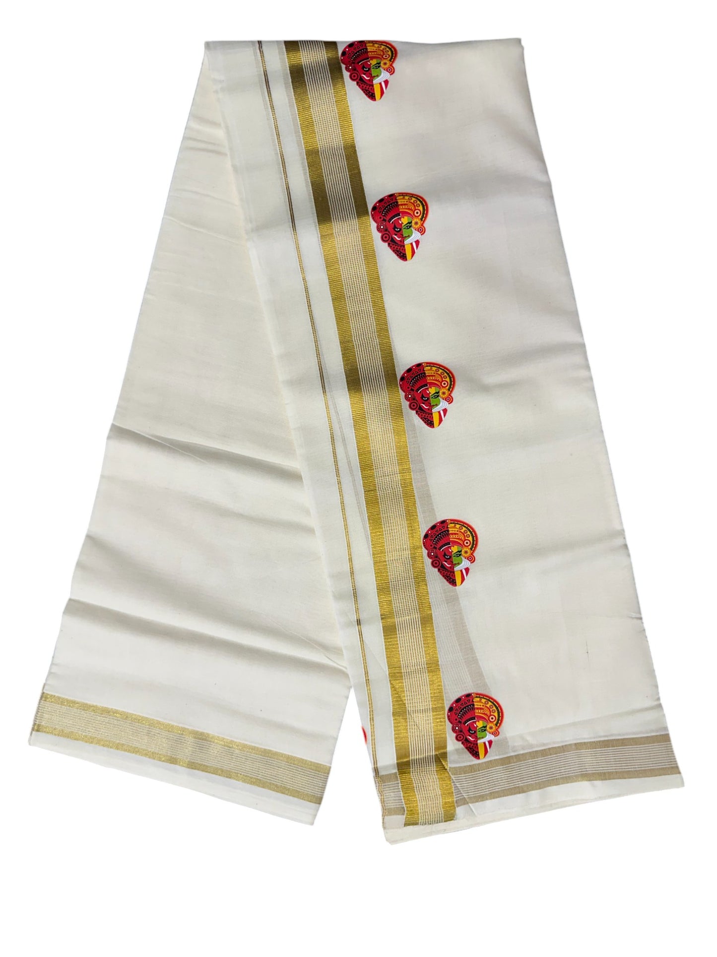 Southloom Lines Kasavu Double Mundu with Mural Print Along Kara