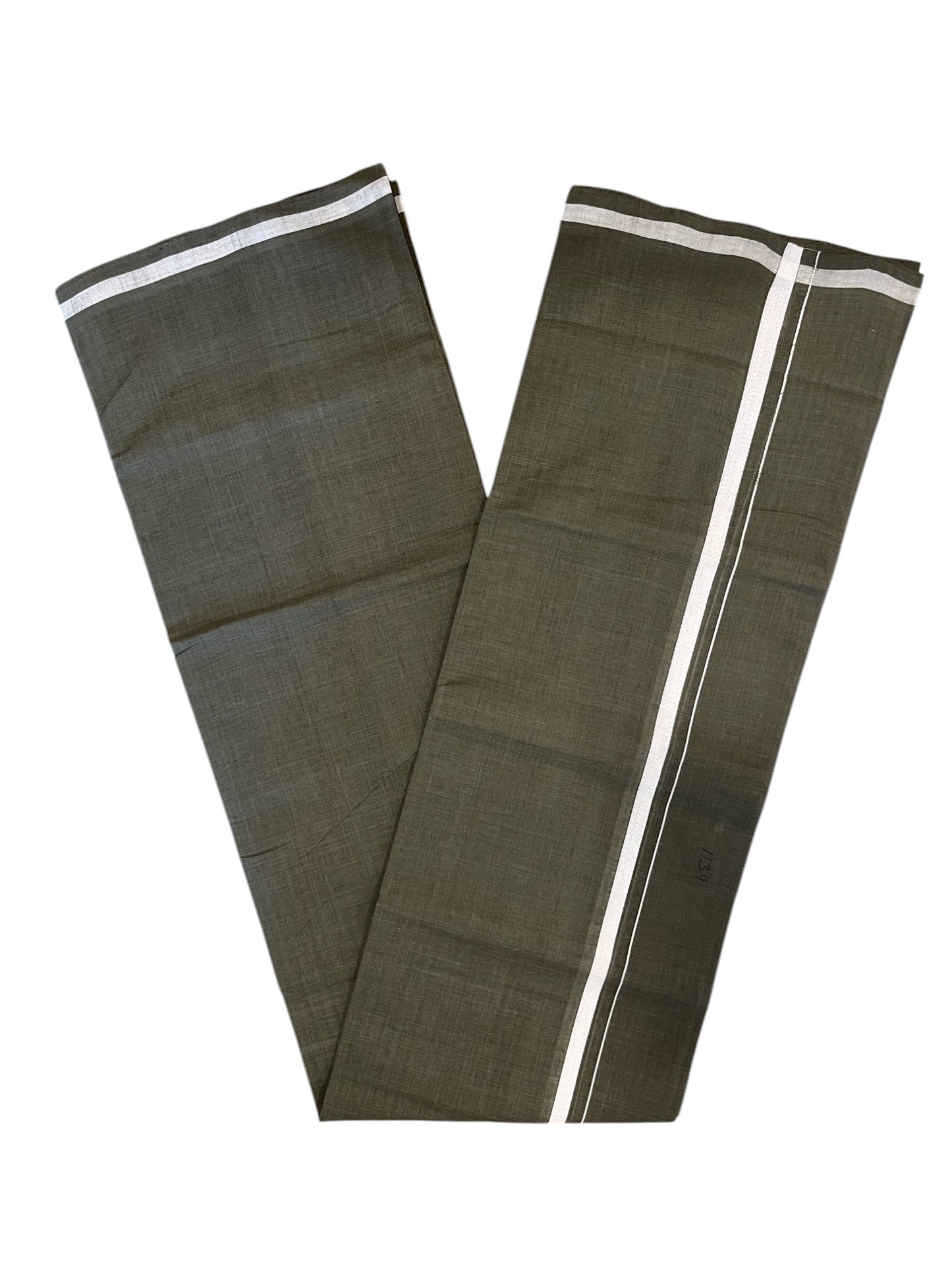 Southloom Premium Handloom Green Solid Single Mundu (Lungi) with White Border (South Indian Kerala Dhoti)