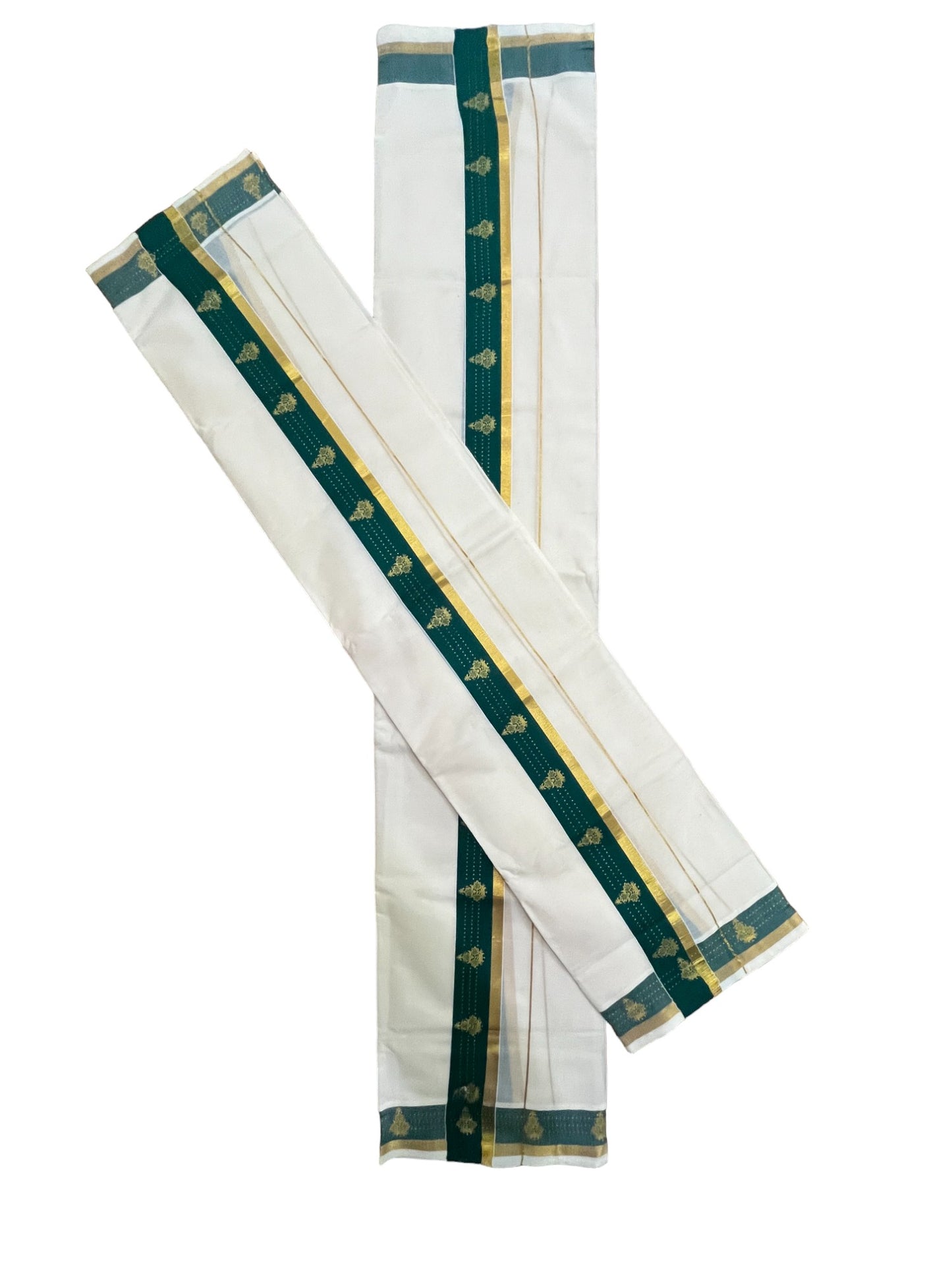 Kerala Pure Cotton Single Set Mundu (Mundum Neriyathum) with Block Prints on Green and Kasav Border