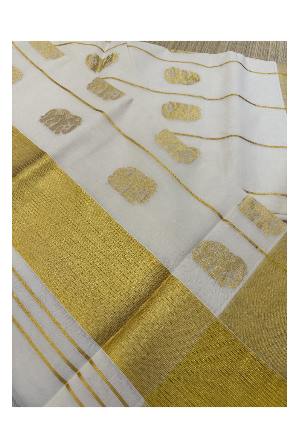 Southloom Premium Handloom Cotton Kasavu Saree with Elephant Woven Designs on Body