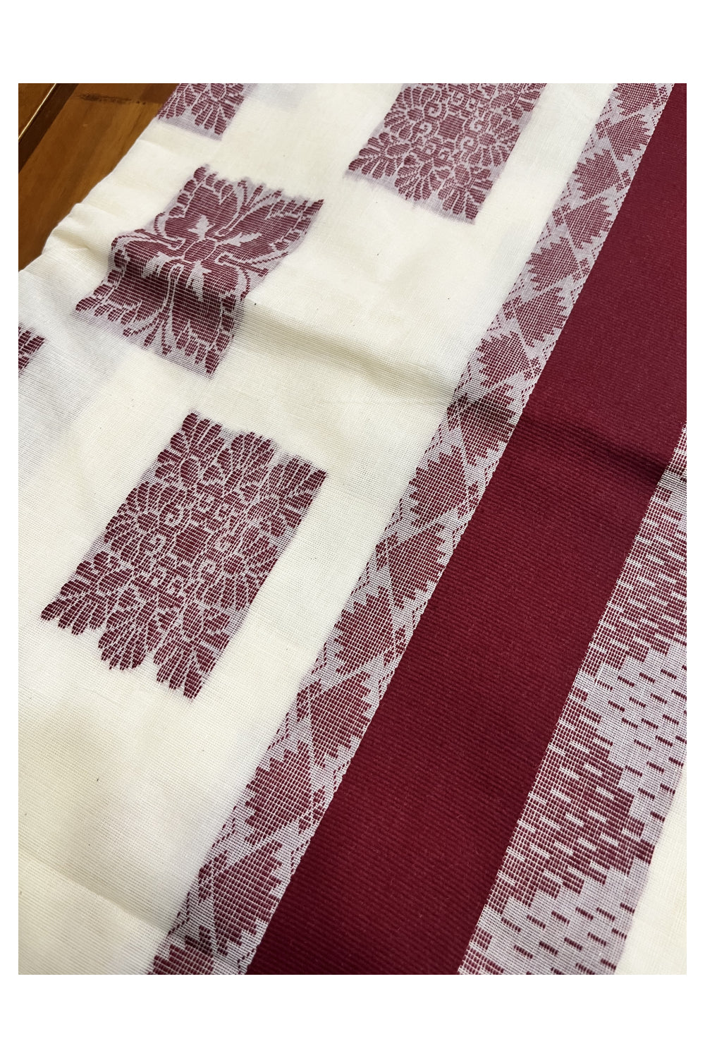 Pure Cotton Kerala Saree with Maroon Heavy Woven Designs and Temple Border (Vishu 2024 Collection)