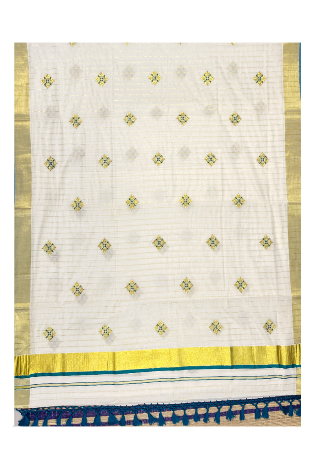 Kerala Cotton Kasavu Lines Saree with Peacock Green and Golden Floral Embroidery Work