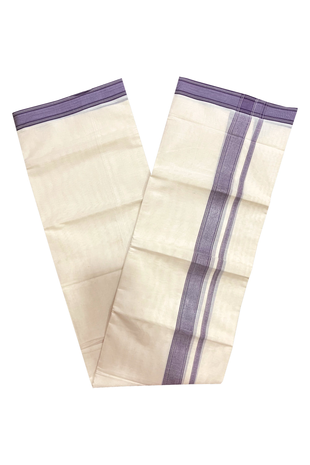 Pure Cotton 100x100 Double Mundu with Purple and Silver Kasavu Line Border (Onam Mundu 2023)