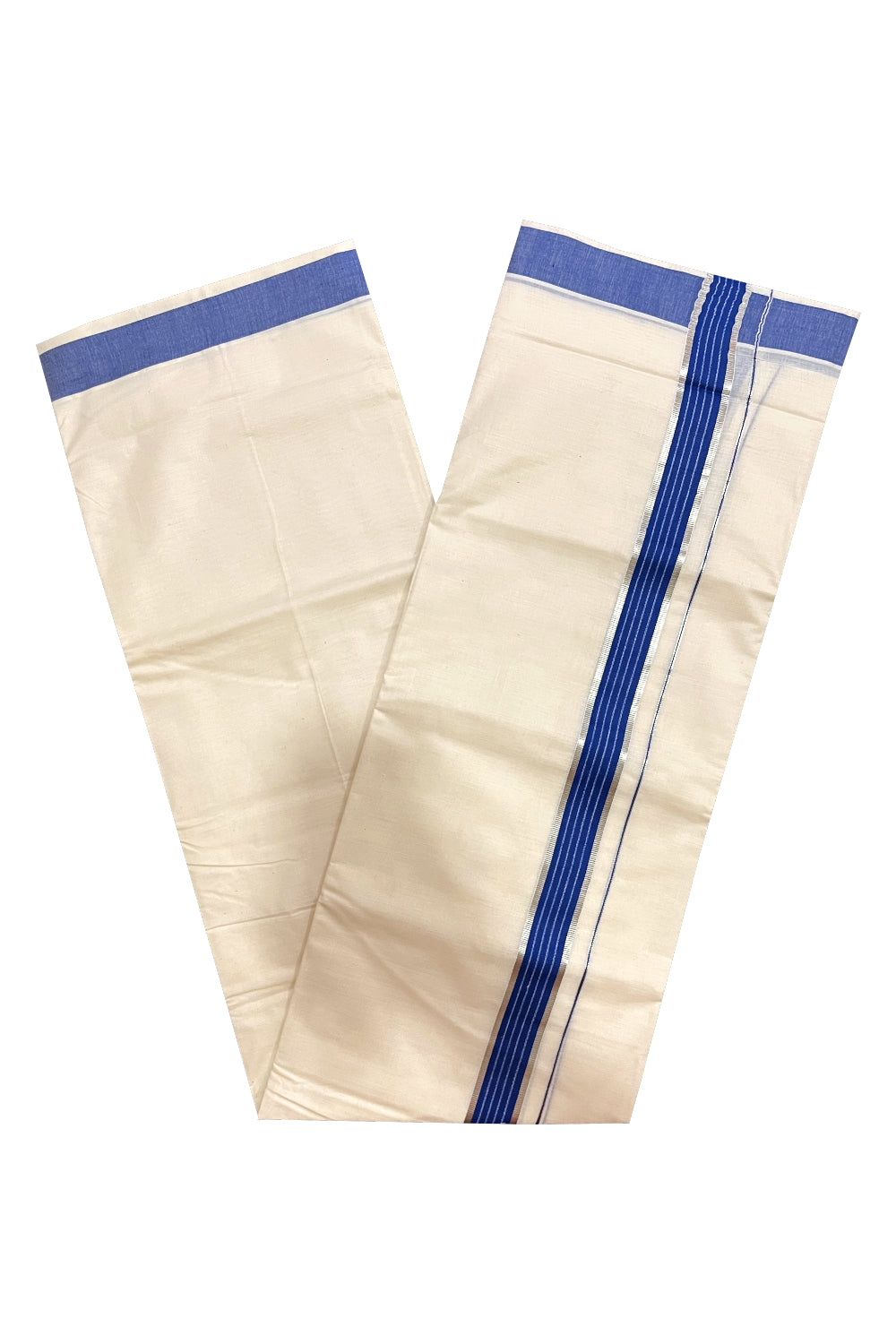 Kerala Cotton Double Mundu with Blue and Silver Kasavu Line Border (Onam Mundu 2023)