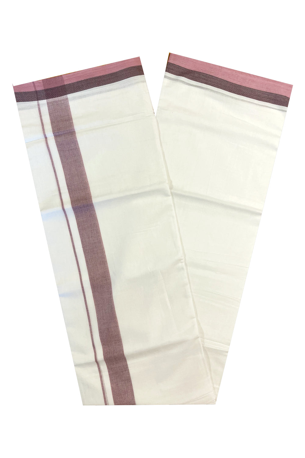 Pure White Cotton Double Mundu with Pink And Brown Border (South Indian Dhoti)