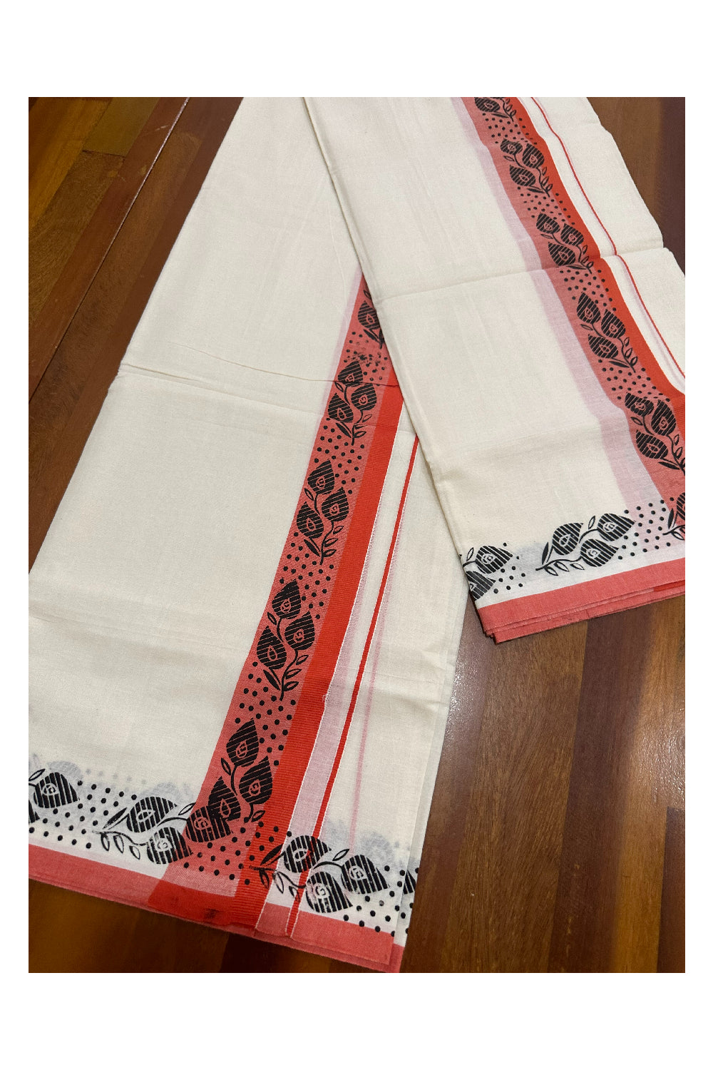 Kerala Cotton Set Mundu (Mundum Neriyathum) with Block Prints on Dark Orange Border (Onam Set Mundu 2023)