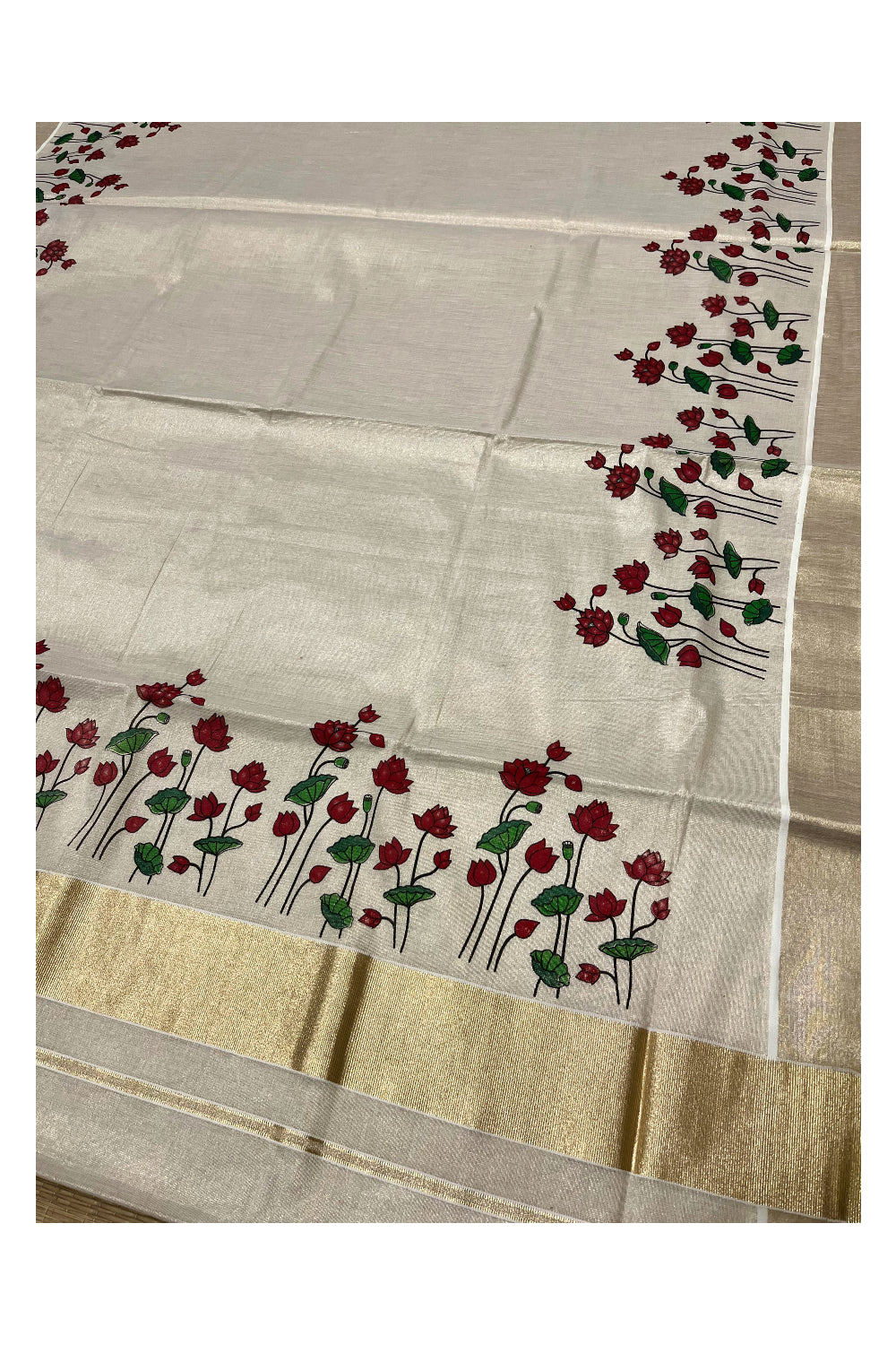 Southloom Antique Gold Tissue Saree with Subtle Red Lotus Prints