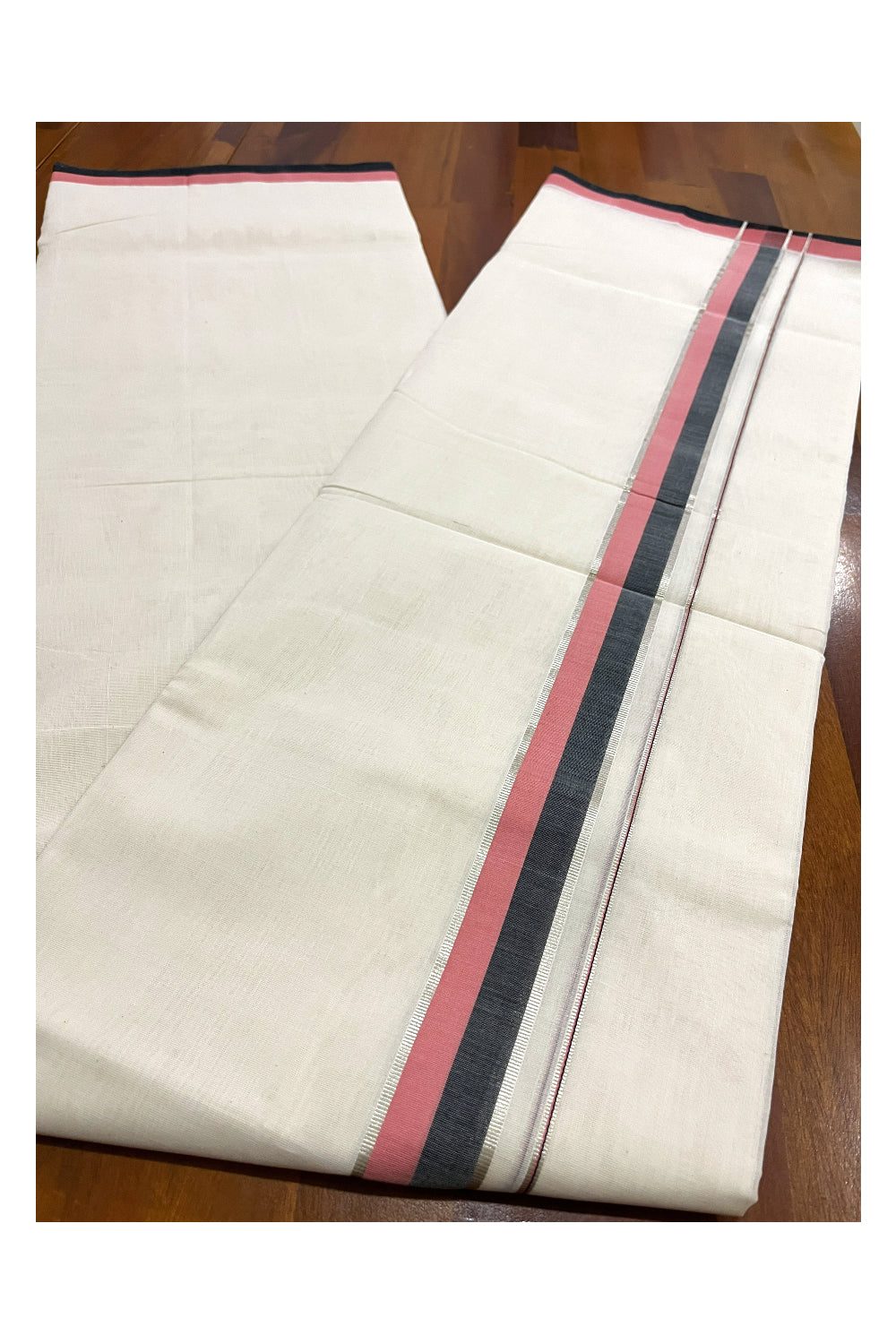 Southloom Premium Balaramapuram Unakkupaavu Handloom Mundu with Peach Black and Silver Kasavu Border (South Indian Kerala Dhoti)