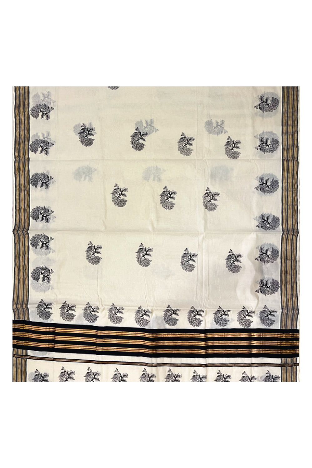 Pure Cotton Kerala Kasavu Saree with Peacock Block Printed Black Border (Onam Saree 2023)