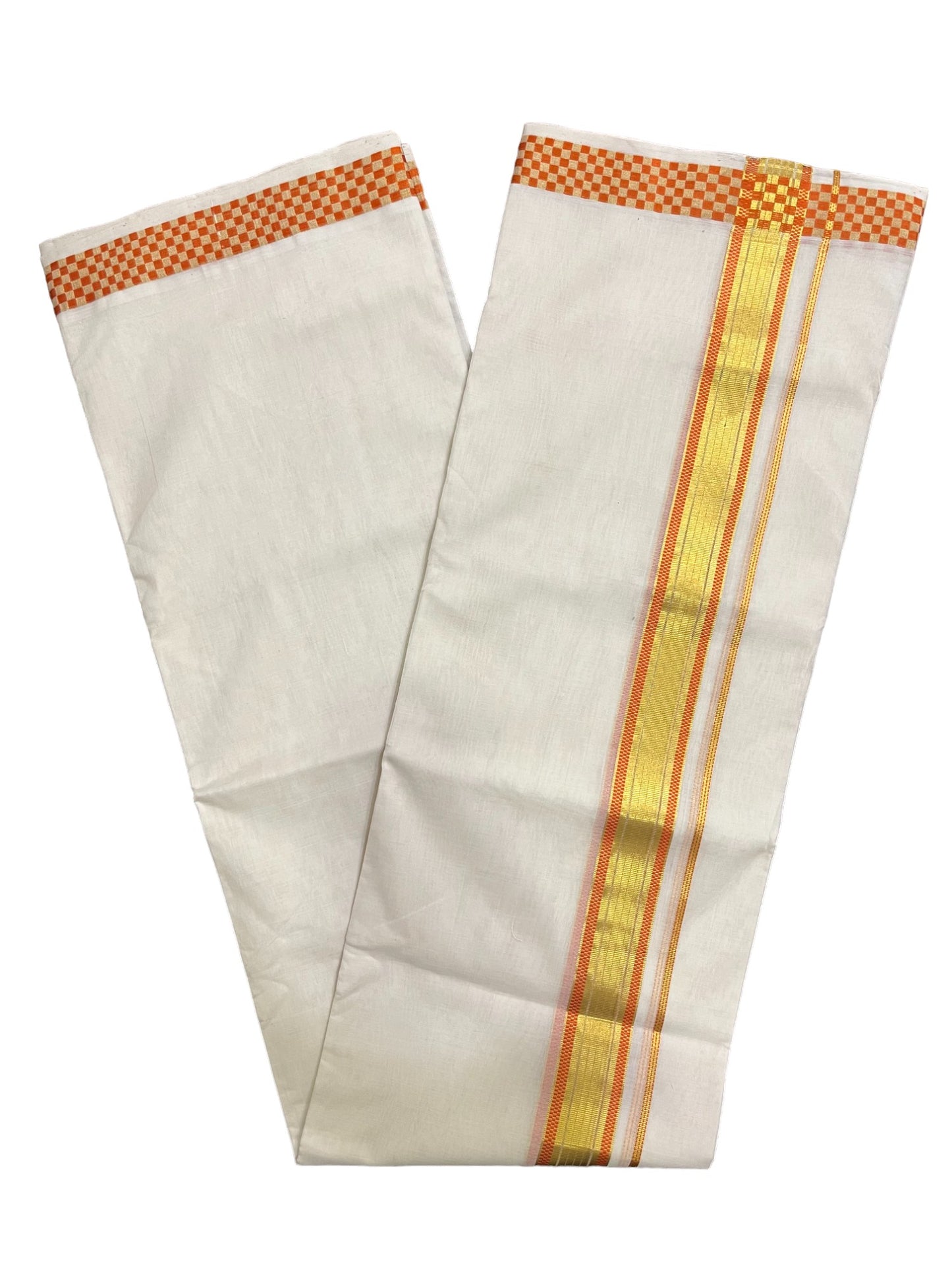 Premium Balaramapuram Handloom Unakkupaavu Cotton Double Mundu with Kasavu and Orange Paa Neythu Border (Onam 2024 Collection)