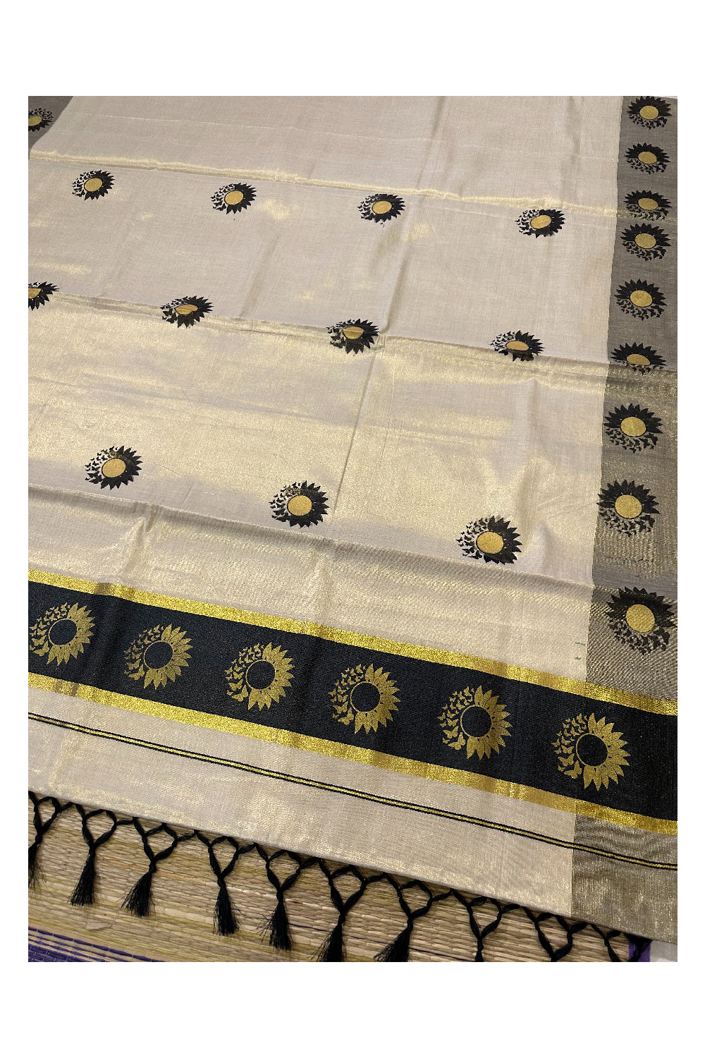 Kerala Tissue Kasavu Saree with Black and Golden Block Prints on Border (Onam Saree 2023)