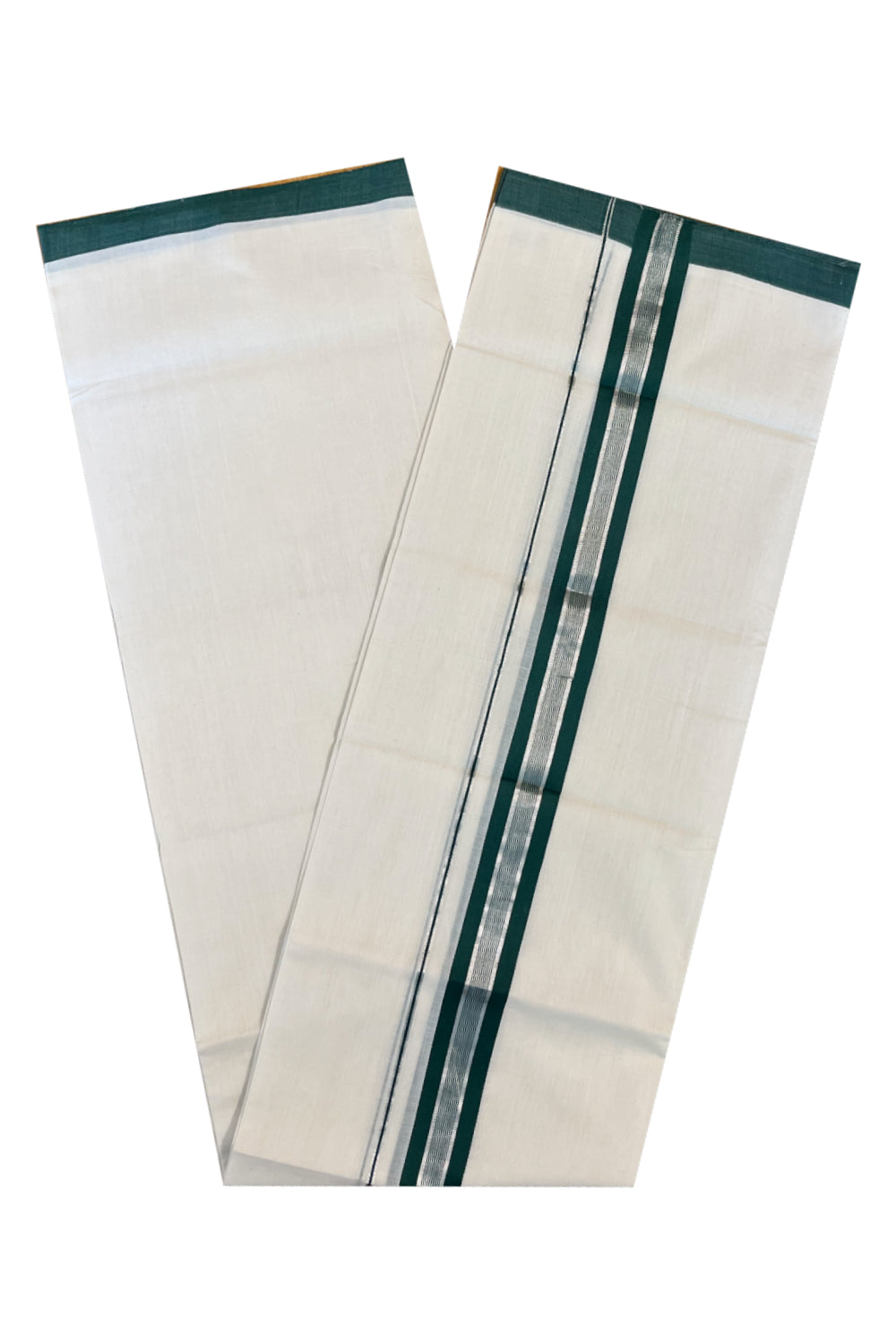 Southloom Premium Handloom Cotton Double Mundu with Green And Silver kasavu Lines Border