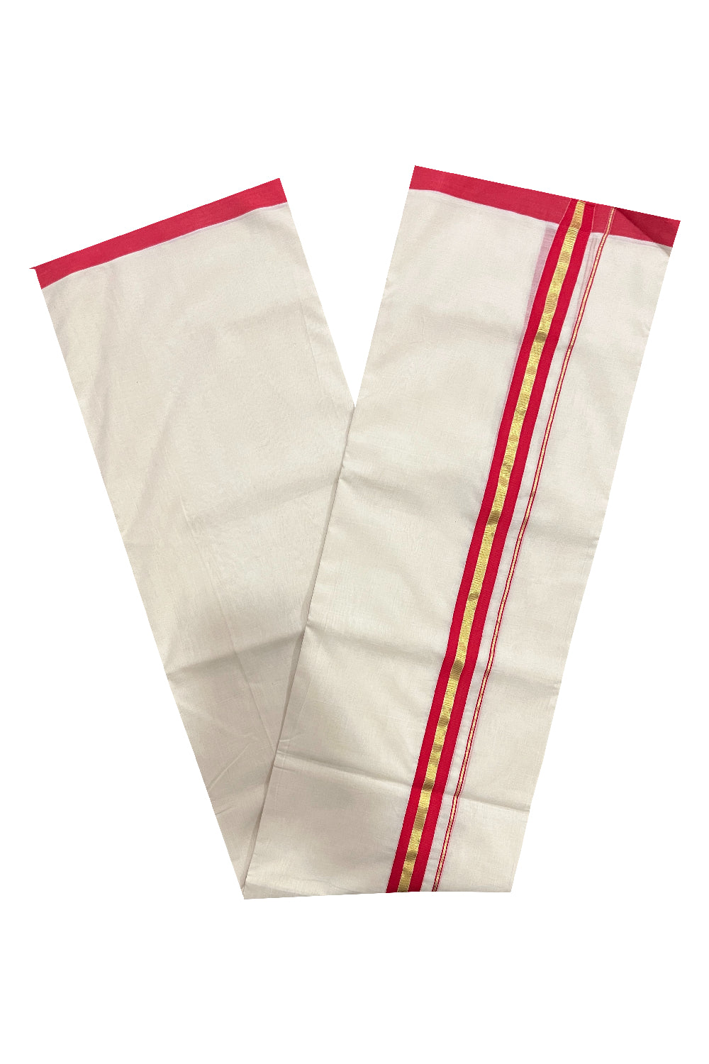 Southloom Premium Balaramapuram Unakkupaavu Handloom Mundu with Red and Kasavu Border (South Indian Kerala Dhoti)