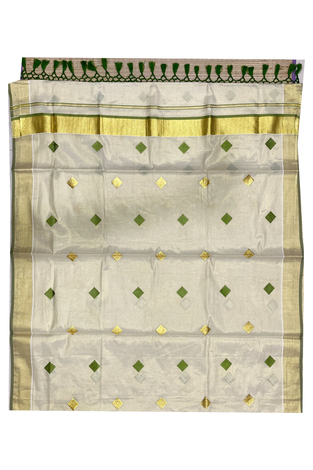 Kerala Tissue Kasavu Saree with Light Green Gold Woven Butta Designs and Tassels Works (Vishu 2024 Collection)