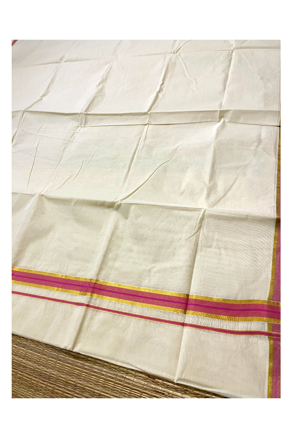 Kerala Pure Cotton Plain Saree with Kasavu and Pink Border