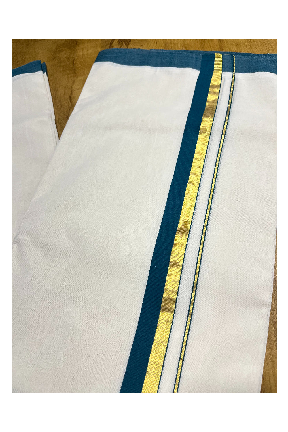 Premium Balaramapuram Handloom Unakkupaavu 1 inch Double Mundu with Kasavu and Green Kara