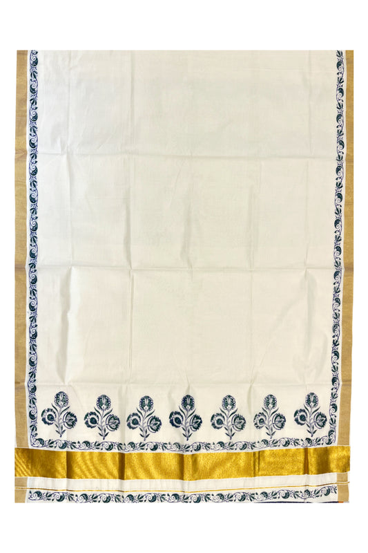 Southloom Cotton Kerala Kasavu Saree with Green and Violet Block Prints On Border