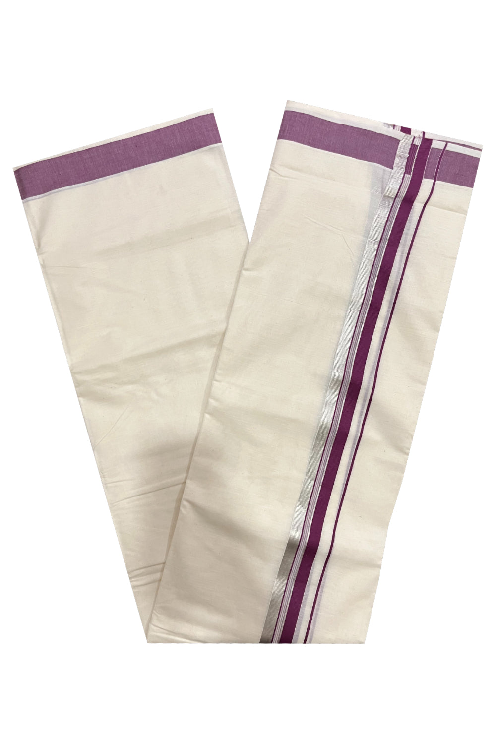 Pure Cotton Kerala Double Mundu with Purple and Silver Kasavu Kara (South Indian Kerala Dhoti)