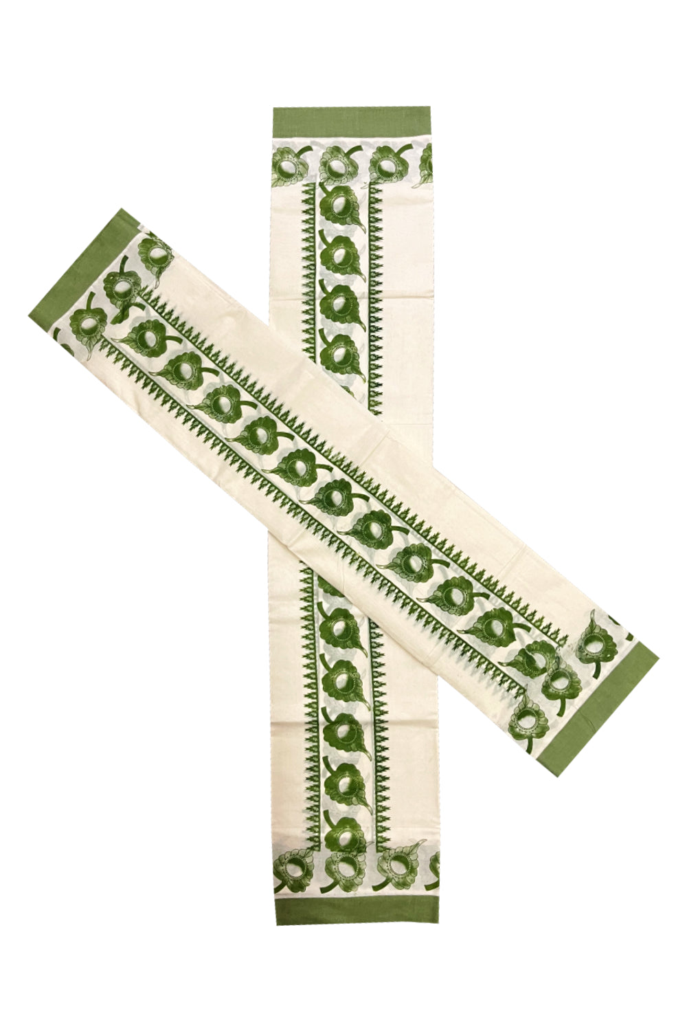 Kerala Cotton Mundum Neriyathum Single (Set Mundu) with Olive Green Leaf Block Prints in Border 2.80 Mtrs