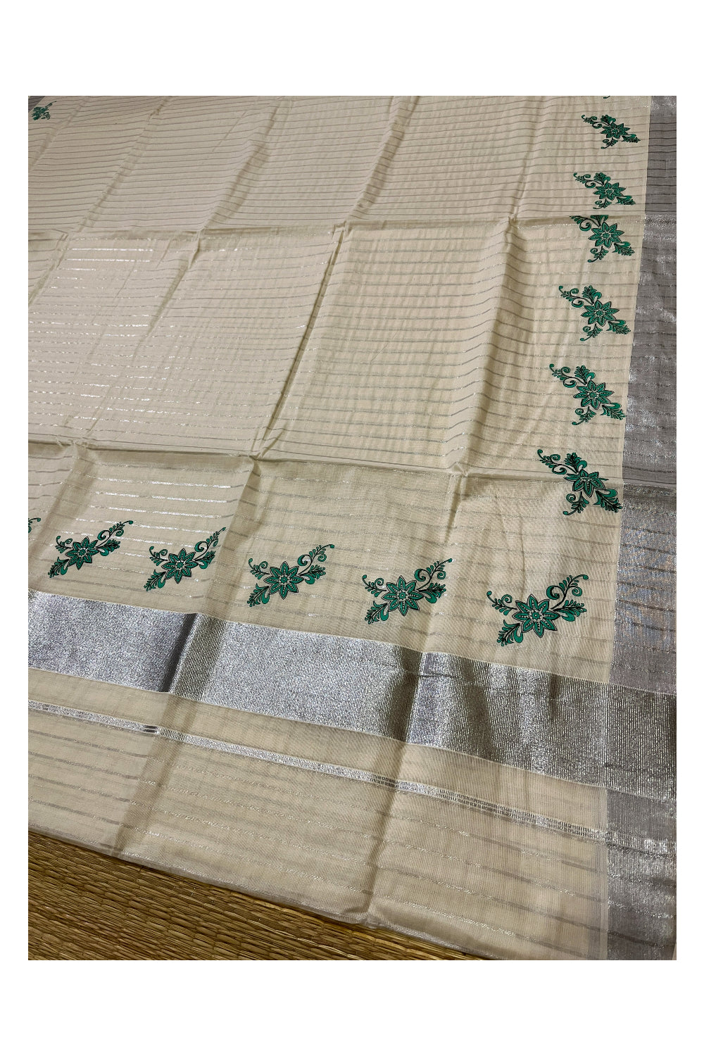 Pure Cotton Kerala Saree with Silver Lines and Green Floral Block Prints on Border