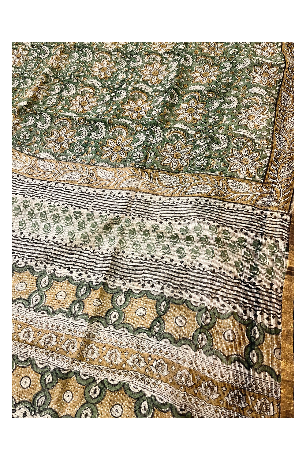 Southloom Kota Fabric Floral Printed Green Brown Saree