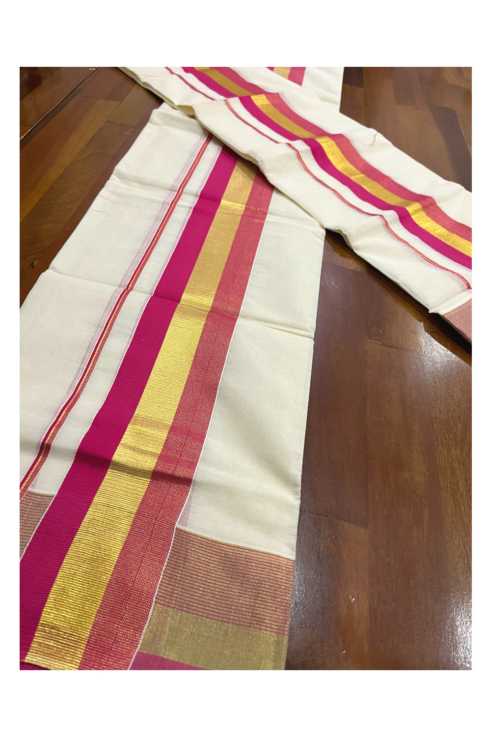 Pure Cotton Kerala Onam 2023 Set Mundu (Mundum Neriyathum) Single with Bright Magenta and Kasavu Border 2.80 Mtrs