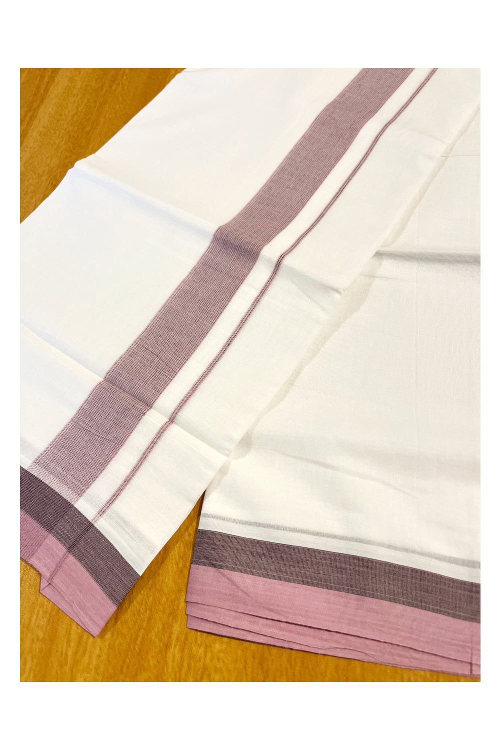 Pure White Cotton Double Mundu with Pink And Brown Border (South Indian Dhoti)