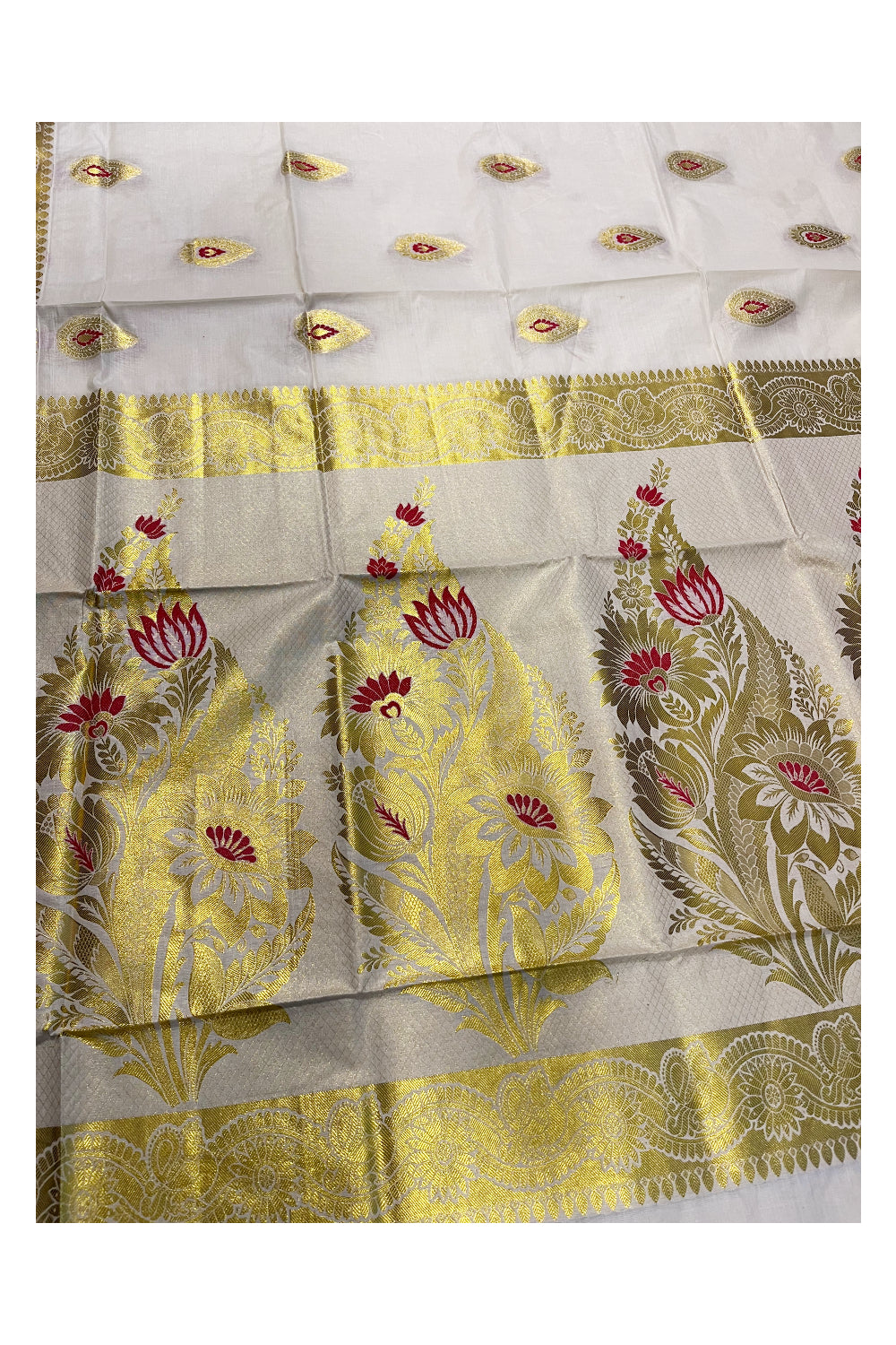 Kerala Cotton Kasavu Saree With Pink and Golden Heavy Woven Works On Body