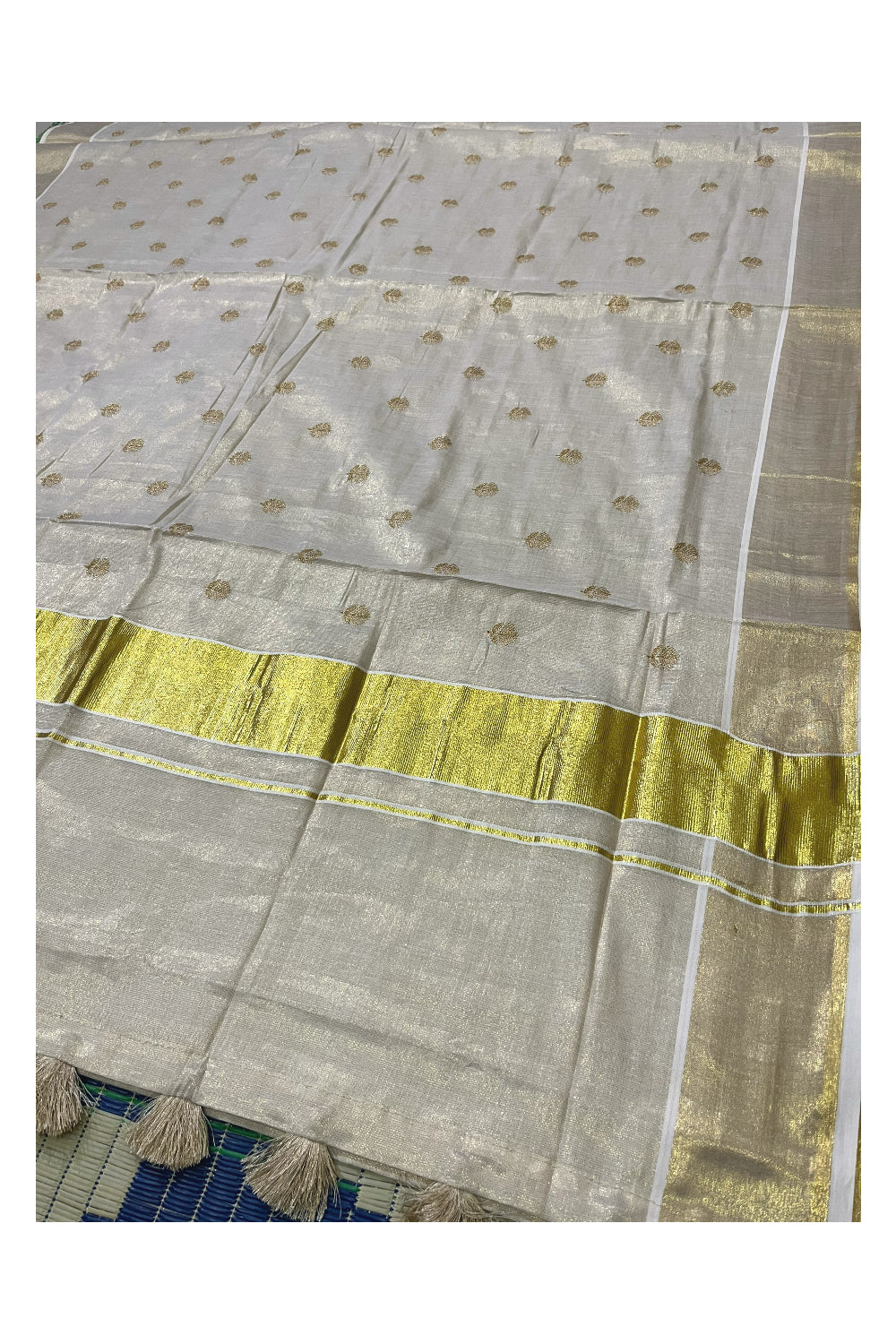 Kerala Tissue Kasavu Saree with Golden Butta Works Across Body (Onam Saree 2023)