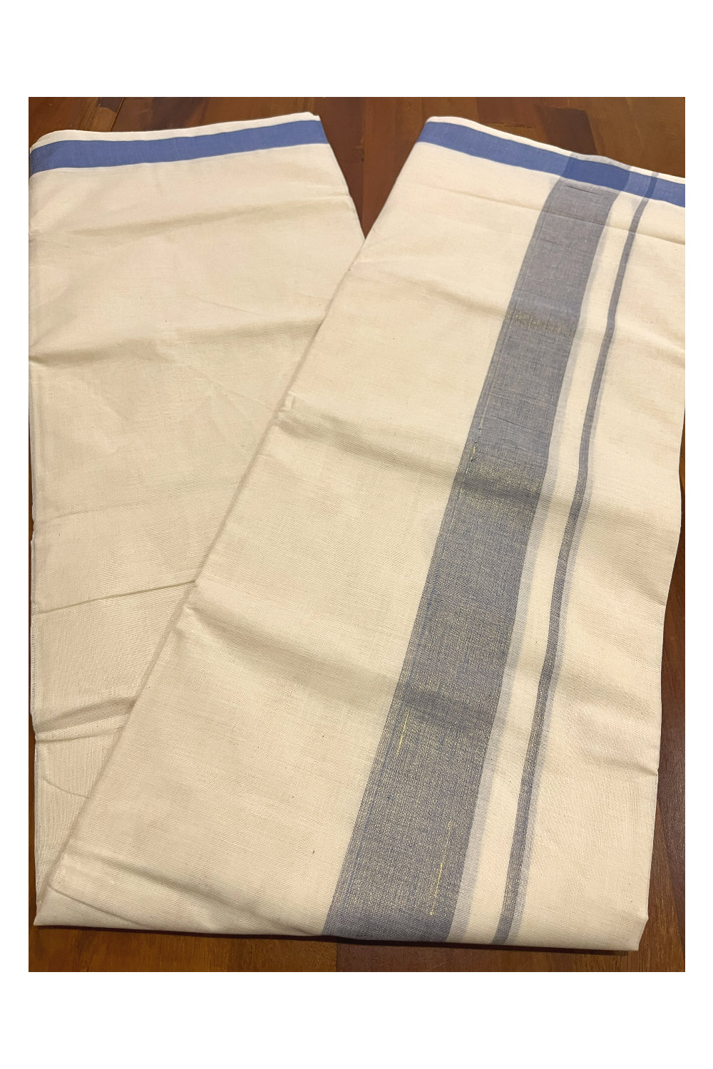 Pure Cotton Kerala Double Mundu with Blue Kasavu Kara (South Indian Kerala Dhoti)