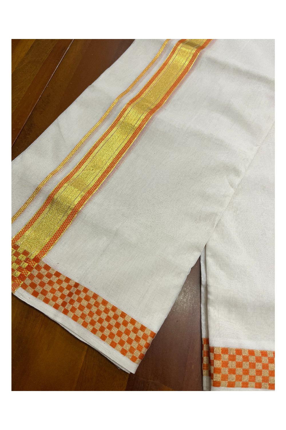 Premium Balaramapuram Handloom Unakkupaavu Cotton Double Mundu with Kasavu and Orange Paa Neythu Border (Onam 2024 Collection)