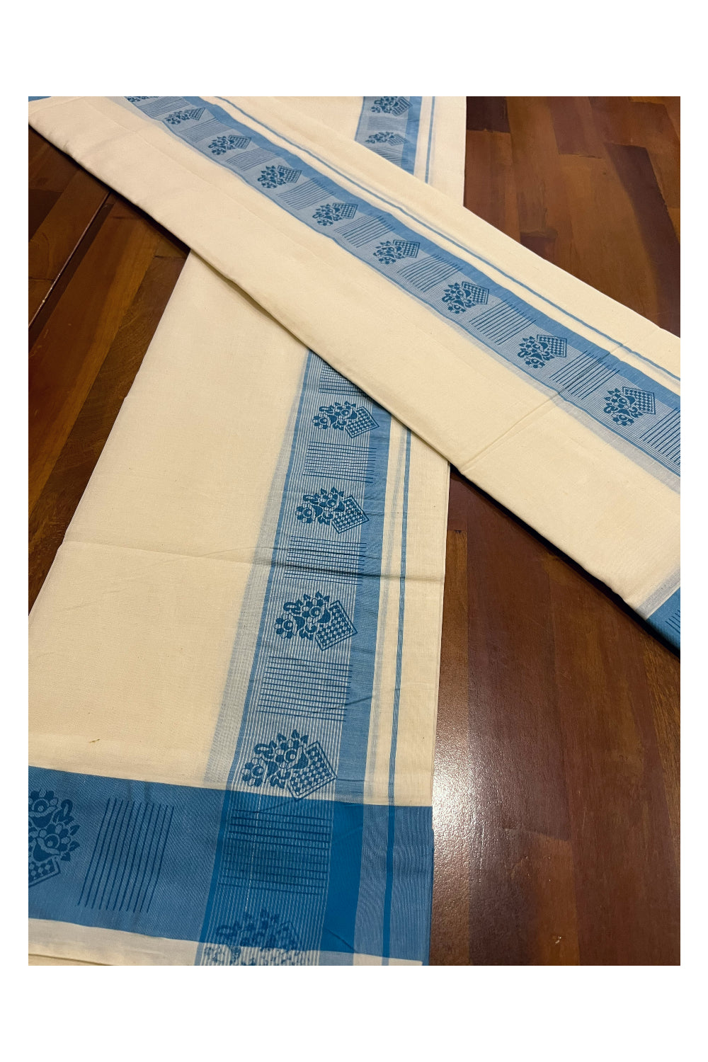 Southloom Pure Cotton Kerala Single Set Mundu with Light Blue Block Prints on Border